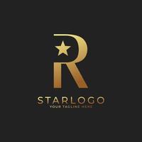 Logotipo abstracto de la estrella inicial de la letra r. oro una letra con combinación de icono de estrella. utilizable para logotipos comerciales y de marca. vector