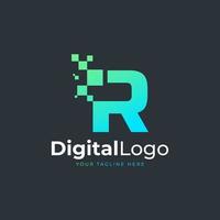 logotipo de la letra r de tecnología. forma geométrica azul y verde con puntos de píxeles cuadrados. utilizable para logotipos de negocios y tecnología. elemento de plantilla de ideas de diseño. vector