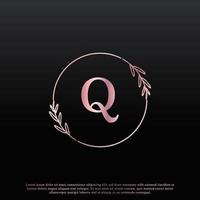 Elegant Q Letter Circle Floral Logo with Creative Elegant Leaf Monogram Branch Line and Pink Black Color. Usable for Business, Fashion, Cosmetics, Spa, Science, Medical and Nature Logos. vector