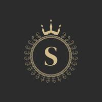 Initial Letter S Heraldic Royal Frame with Crown and Laurel Wreath. Simple Classic Emblem. Round Composition. Graphics Style. Art Elements for Logo Design Vector Illustration