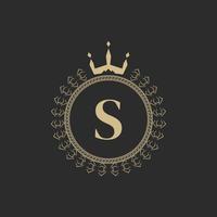 Initial Letter S Heraldic Royal Frame with Crown and Laurel Wreath. Simple Classic Emblem. Round Composition. Graphics Style. Art Elements for Logo Design Vector Illustration