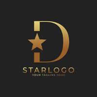 Logotipo abstracto de la estrella inicial de la letra d. oro una letra con combinación de icono de estrella. utilizable para logotipos comerciales y de marca. vector