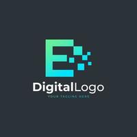 logotipo de la letra e de tecnología. forma geométrica azul y verde con puntos de píxeles cuadrados. utilizable para logotipos de negocios y tecnología. elemento de plantilla de ideas de diseño. vector