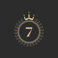 Number 7 Heraldic Royal Frame with Crown and Laurel Wreath. Simple Classic Emblem. Round Composition. Graphics Style. Art Elements for Logo Design Vector Illustration