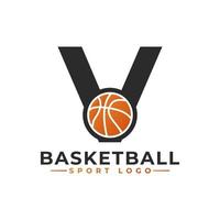 Letter V with Basket Ball Logo Design. Vector Design Template Elements for Sport Team or Corporate Identity.