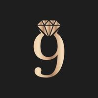 número dorado de lujo 9 con símbolo de diamante. inspiración de diseño de logotipo de diamante premium vector