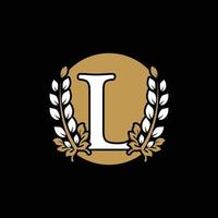 letra inicial l monograma vinculado corona de laurel dorado con logotipo circular. diseño elegante para restaurante, café, marca, placa, etiqueta, identidad de lujo vector