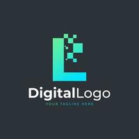 logotipo de la letra l de tecnología. forma geométrica azul y verde con puntos de píxeles cuadrados. utilizable para logotipos de negocios y tecnología. elemento de plantilla de ideas de diseño. vector