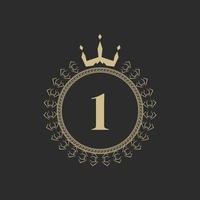 Number 1 Heraldic Royal Frame with Crown and Laurel Wreath. Simple Classic Emblem. Round Composition. Graphics Style. Art Elements for Logo Design Vector Illustration