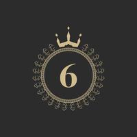 Number 6 Heraldic Royal Frame with Crown and Laurel Wreath. Simple Classic Emblem. Round Composition. Graphics Style. Art Elements for Logo Design Vector Illustration