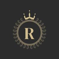 Initial Letter R Heraldic Royal Frame with Crown and Laurel Wreath. Simple Classic Emblem. Round Composition. Graphics Style. Art Elements for Logo Design Vector Illustration