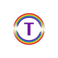 letra t dentro de la circular coloreada en el diseño del logotipo del cepillo de la bandera del color del arco iris inspiración para el concepto lgbt vector