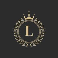 Initial Letter L Heraldic Royal Frame with Crown and Laurel Wreath. Simple Classic Emblem. Round Composition. Graphics Style. Art Elements for Logo Design Vector Illustration