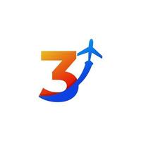 Number 3 Travel with Airplane Flight Logo Design Template Element vector