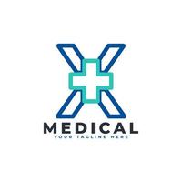 letra x cruz más logo. estilo lineal. utilizable para logotipos comerciales, científicos, sanitarios, médicos, hospitalarios y naturales. vector