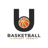 Letter U with Basket Ball Logo Design. Vector Design Template Elements for Sport Team or Corporate Identity.