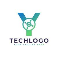 logotipo de la letra y tecnología. forma geométrica verde con círculo de puntos conectado como vector de logotipo de red. utilizable para logotipos de negocios y tecnología.