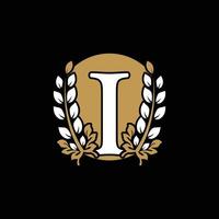 Initial Letter I Linked Monogram Golden Laurel Wreath with Circle Logo. Graceful Design for Restaurant, Cafe, Brand name, Badge, Label, luxury identity vector