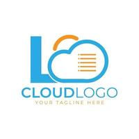 logotipo de tecnología en la nube. letra inicial l con nube y documento por concepto de tecnología. señal meteorológica de software de datos vector