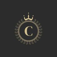 Initial Letter C Heraldic Royal Frame with Crown and Laurel Wreath. Simple Classic Emblem. Round Composition. Graphics Style. Art Elements for Logo Design Vector Illustration