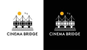 silhouette bridge, bridge cinema with cable and sun logo vintage retro design vector