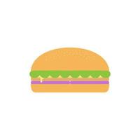 Burger with salad, tomatoes, cheese and cutlet. Fast food. Vector illustration. Fast food hamburger dinner and restaurant, tasty unhealthy fast food classic nutrition in flat style.