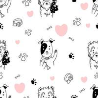 seamless pattern with Cute domestic Funny dogs with bone in paw and bow on neck on white background with paw marks and collars. Vector illustration in hand drawn linear doodles for design, decoration