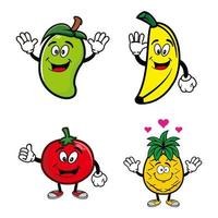 establecer una colección de lindos personajes de diseño de mascotas de frutas. Aislado en un fondo blanco. concepto de paquete de idea de logotipo de mascota de personaje lindo. mango, plátano, piña, tomate vector