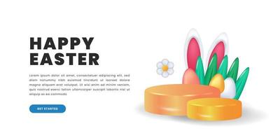 cute easter concept with 3d cylinder podium product display with ear bunny, egg, and grass decoration vector