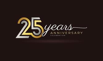 Logotipo de celebración de aniversario de 25 años con varias líneas vinculadas de color plateado y dorado para eventos de celebración, bodas, tarjetas de felicitación e invitaciones aisladas en un fondo oscuro vector