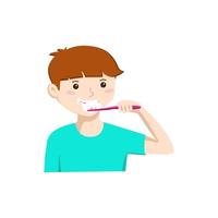 Happy cute boy brushing his teeth. Oral hygiene. Vector illustration in a flat style isolated on a white background.