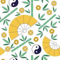 patrón transparente de vector chino. fondo elegante con elementos chinos y asiáticos. abanico amarillo, bambú verde, yin-yang y monedas chinas. para su diseño, invitaciones, papel de embalaje, textiles.