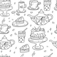 Sweets Doodle pattern. Birthday cake, a Cup of tea, coffee and a teapot with fruit tea. Hand drawn vector background. Black outline isolated on a white background.