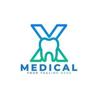 Dental Clinic Logo. Blue Linear Shape Letter X Linked with Tooth Symbol inside. Usable for Dentist, Dental Care and Medical Logos. Flat Vector Logo Design Ideas Template Element.