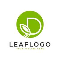 logotipo inicial creativo de la letra d. estilo lineal de forma de círculo vinculado con el símbolo de hoja verde. utilizable para logotipos de negocios, salud, naturaleza y granjas. elemento de plantilla de ideas de diseño de logotipo de vector plano. eps10