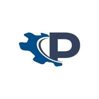 Corporation Letter P with Swoosh Automotive Gear Logo Design. Suitable for Construction, Automotive, Mechanical, Engineering Logos vector