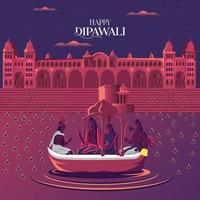 Happy Diwali. Indian festival of lights. Vector abstract flat illustration for the holiday, lights, hands, Indian people, woman and other objects for background or poster.