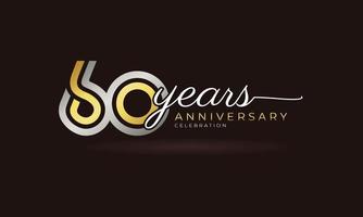 60 Year Anniversary Celebration Logotype with Linked Multiple Line Silver and Golden Color for Celebration Event, Wedding, Greeting Card, and Invitation Isolated on Dark Background vector