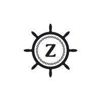 Letter Z Inside Ship Steering Wheel and Circular Chain Icon for Nautical Logo Inspiration vector