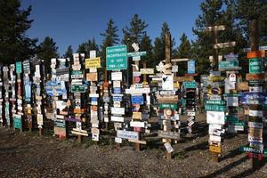 bosque de postes de señalización en el lago watson yukon foto