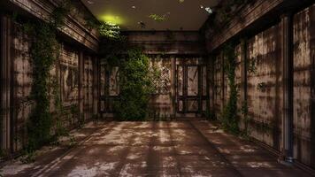 background of dirty abandoned apocalypse classic room with vines plant,3D illustration rendering photo