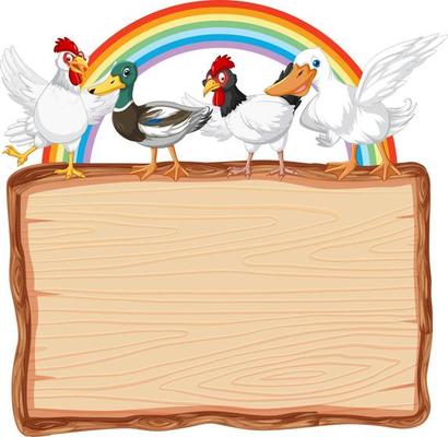 Sign with poultry and rainbow on white background