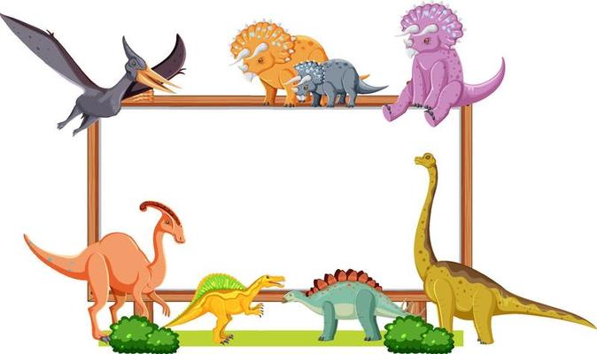 Group of dinosaurs around board on white background