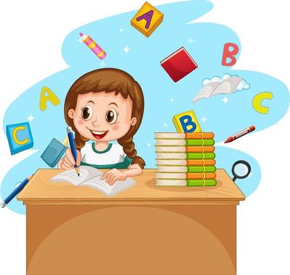 A girl doing homework with books on white background