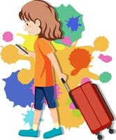 Happy girl pulling luggage on colorful background vector