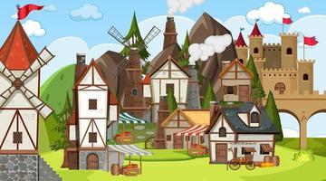 Medieval town scene with villagers vector