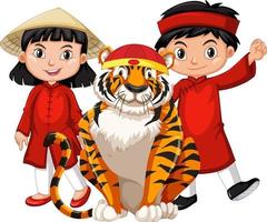 Chinese boy and girl in red costume with tiger vector