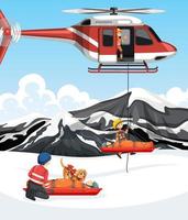 Snow scene with firerman rescue in cartoon style vector