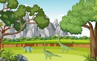 escena con dinosaurios en el bosque vector