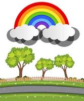 naturaleza al aire libre con escena de arco iris en estilo de dibujos animados vector